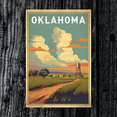 an old poster is hanging on the side of a wooden fence that reads, oklahoma