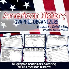 an american history graphic organizer is shown with the flag in the background and text that reads,