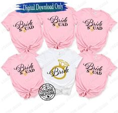 six bridesmaid shirts in pink and white with gold wedding rings on the front