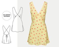 the front and back view of a dress with an attached neckline, designed by sewing patterns