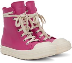 High-top buffed calfskin sneakers in pink. · Round calfskin cap toe · Lace-up closure · Zip closure at inner side · Calfskin lining · Treaded rubber sole Supplier color: Hot pink/Milk/Milk Pink High-top Sneakers With Contrast Sole And Round Toe, Pink Leather High-top Sneakers With Vulcanized Sole, Pink Leather High-top Sneakers With Rubber Sole, Pink High-top Sneakers With Contrast Sole, Pink Leather High-top Sneakers With Round Toe, Pink Leather High-top Sneakers With Contrast Sole, Pink High-top Sneakers With Contrast Sole For Spring, Pink High-top Sneakers With Rubber Toe Cap, Pink Casual Sneakers With Leather Sole