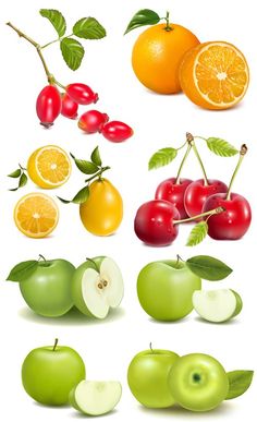 an assortment of fruits and vegetables on a white background, including cherries, oranges, apples, lemons, cherry tomatoes and tangerines