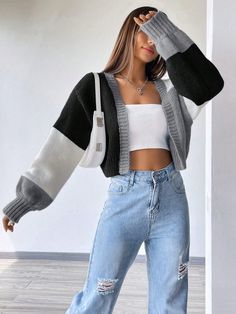 Women Cardigans Colorblock Drop Shoulder Duster Shein Winter Clothes, Casual Preppy Outfits Fall, Womens Clothing Styles Casual, Fall Fashion Street Style, Outfits From Shein, Winter Cardigan Outfit, Playful Fashion, Crocheted Cardigan, Slouchy Cardigan