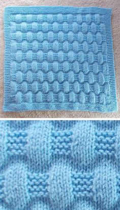 two pictures showing the same blue knitted blanket