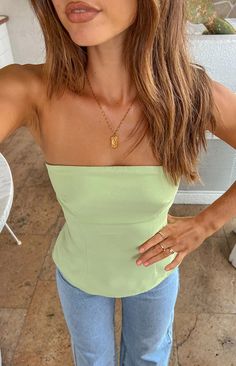 Layi Green Strapless Top – Beginning Boutique US Green Going Out Top, Strapless Shirt Outfits, Light Green Top Outfit, Green Going Out Outfits, Green Top Outfit Ideas, Light Green Outfit, Green Top Outfit, Tinkerbell Costume, Prom Midi Dress