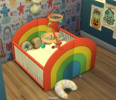 a child's room with a crib and stuffed animals