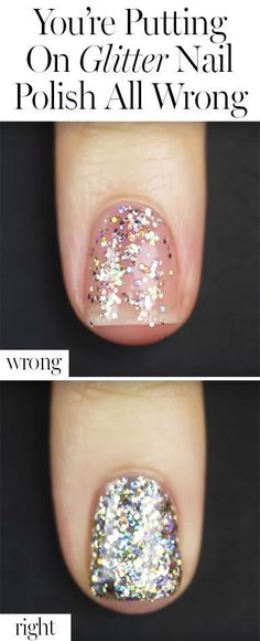 The genius trick that makes applying glitter nail paint so much easier and prettier! Glitter Nail Paint, Glitter Polish, Manicure Gel, Nagel Tips, Glitter Nail Polish, Glitter Nail, Nail Paint, Manicure E Pedicure, Nail Polish Colors