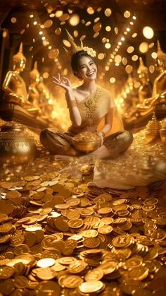 a woman sitting on top of a pile of gold coins with lights in the background