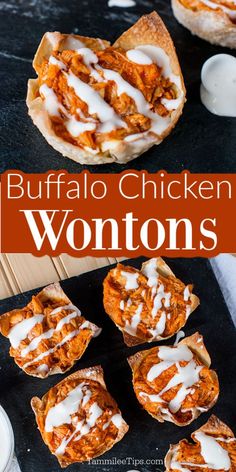 buffalo chicken wontons with ranch dressing on top and the words buffalo chicken wontons above them