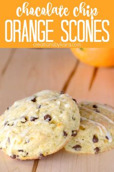 chocolate chip orange scones on a cutting board with an orange in the background and text overlay