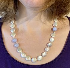 "* A lovely, luxurious Mother's Day Gift for someone special * Beautiful 14mm snow white Coin Pearls, with extremely high luster ( the pictures do not capture the true quality of these AA rated Pearls) * Equally lustrous 10mm Chalcedony Gemstone Beads, surrounded by 14K Gold Balls * The Necklace is finished with a 14K Gold Clasp * This Necklace is available in any length you prefer, up to 20\"; just add a note at checkout with your preference * Gift wrap is included Thank you for visiting my sho Blue Wedding Jewelry, Teardrop Bridal Earrings, Bridal Statement Earrings, Natural Pearl Necklace, Coin Pearls, Bridesmaid Bracelet, Natural Pearl, Wedding Jewelry Sets, Bridal Jewelry Sets