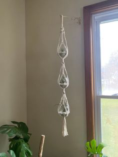 three macrame hangings on the wall next to a potted plant in front of a window