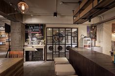 the interior of a coffee shop with lots of counter space