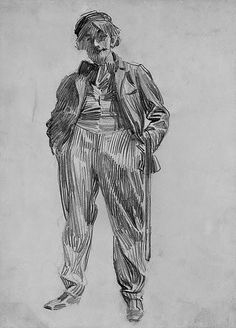 a black and white drawing of a man in a suit with his hands on his hips