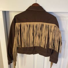 Nwot Never Wore This Because It Was Too Hot In Nashville. Super Cute Brown With Tan Fringe. No Flaws Beige Long Sleeve Outerwear With Fringe, Brown Long-sleeve Fringe Outerwear, Brown Fringe Outerwear For Spring, 12th Tribe, Fringe Jacket, High Boots, Jean Coat, Jean Jacket, Nashville