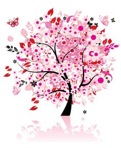 a pink tree with lots of leaves and flowers on it's branches is shown