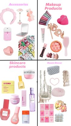 the four images show different types of cosmetics and beauty products in pink, white and blue