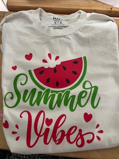 Watermelon Summer Vibes shirt .. this one is Made in a Medium ... can be made in any size or color Cute Custom Print Shirt For Summer, White Summer Shirt With Fruit Print, Summer White Shirt With Fruit Print, White Fruit Print Shirt For Summer, Cute Custom Print Summer T-shirt, Watermelon Graphic Print T-shirt For Summer, Fun Green Summer Shirt, Fun Red Summer Shirt, Cute Green Summer Shirt