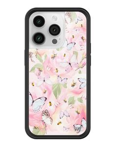 an iphone case with pink flowers and butterflies