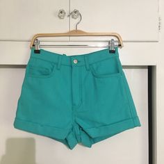 Brand New! High Waisted. Tags Attached Trendy Cotton Jean Shorts With Rolled Hem, Spring Cotton Jean Shorts With Rolled Hem, Trendy Cotton Shorts With Rolled Hem, Green Denim Jean Shorts For Spring, High Rise Green Shorts For Spring, Spring Green Denim Jean Shorts, Green High-waisted Denim Jean Shorts, High Rise Green Denim Shorts, High Rise Green Jean Shorts For Spring