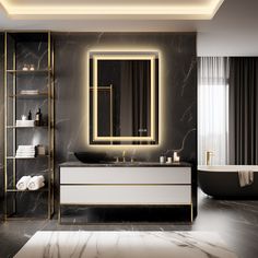 an elegant bathroom with black marble and gold accents