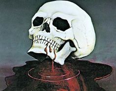 a skull sitting on top of a red bowl with liquid pouring out of it's mouth