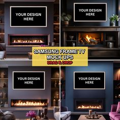 three different views of a living room with fireplaces and mock up signs on the walls