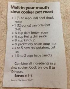 the instructions for how to make a slow cooker pot roast recipe on a piece of paper