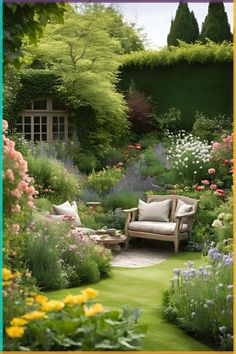 a garden with lots of flowers and plants around it, including a couch in the middle