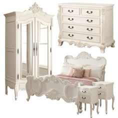 a white bedroom furniture set including a bed, dresser and armoire with mirrored doors