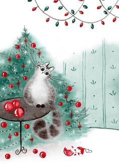 a drawing of a cat sitting in front of a christmas tree with ornaments on it