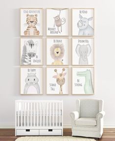 a baby's nursery room with white furniture and pictures on the wall