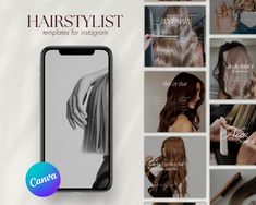 an advertisement for hair stylist with images of women's hair and products