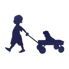 the silhouette of a child pulling a dog in a wagon with wheels on white background