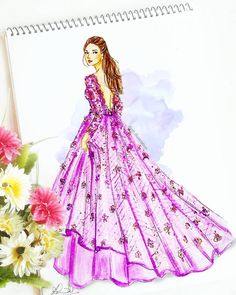 a drawing of a woman in a purple dress next to flowers and a notepad