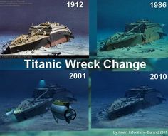 four pictures of different types of boats in the ocean with caption that reads, titanic wreck change 2011