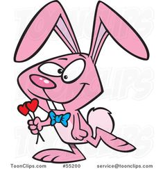 a cartoon pink bunny holding a heart shaped lollipop in its paws and wearing a bow tie