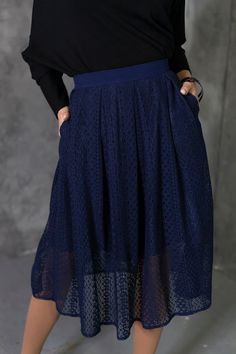 Dark blue lace skirts with side pockets ➤ Features > Skirt length - 66cm (25,98'') - 72cm (28,34'') > Skirt with lining > Knee length ➤ Sizing My Size Guide in FAQ section below will help you define the perfect size match. The item can also be made according to your measurements - just message them to me. ➤ Delivery Your item is made-to-order and will be ready within 2-7 days. Average delivery times: > North America: up to 1-2 weeks > New Zealand, Australia: up to 2-3 weeks > E Lace Lined Skirt, Elegant Skirt Bottoms With Lace Patchwork, Lace Full Pleated Skirt, Party Full Skirt With Lace Trim, Elegant Blue Lace Bottoms, Elegant Navy Full Skirt, Blue Flowy Skirt With Pockets, Relaxed Lace Midi Skirt, Blue Tiered Maxi Skirt With Pockets