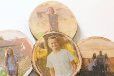 three wood slices with pictures of children on them and one has a child's photo