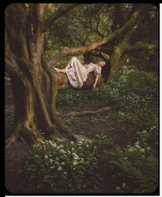 a woman laying on top of a tree in a forest with white flowers around her