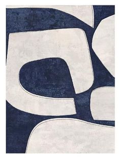 an abstract blue and white rug with large letters on it's side, in the middle