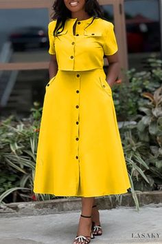 Lasaky - Business Chic Two-Piece Outfit with Maxi Skirt and O-Neckline Fitted Yellow V-neck Sets, Yellow V-neck Summer Set, 2 Piece Skirt And Top, Two Piece Formal Dresses, Short Sleeve Suit, Suit Type, 2piece Outfits, Workwear Essentials, Office Wear Women