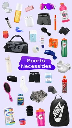 the words sports necessities are surrounded by many different items in purple and blue