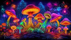 an image of colorful mushrooms in the night forest with stars and clouds above them, on a black background