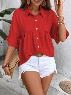 Details:Ruffle \nDetails:Ruffle Hem \nSleeve Type:Batwing Sleeve \nDetails:Button \nStyle:Cute \nHem Shaped:Flared \nType:Peplum \nType:Shirt \nNeckline:Shirt Collar \nColor:Red \nPattern Type:Plain \nSleeve Length:Half Sleeve \nLength:Regular \nFit Type:Loose \nFabric:Slight Stretch \nMaterial:Woven Fabric \nComposition:100% Polyester \nCare Instructions:Machine wash or professional dry clean \nPockets:No \nSheer:No \n Casual Blouse Women, Peplum Shirts, Women Blouses, Peasant Blouse, Red Blouses, Casual Blouse, Casual Top, Short Sleeve Blouse, Top Casual