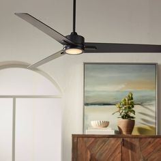 a ceiling fan that is on top of a cabinet next to a painting and potted plant