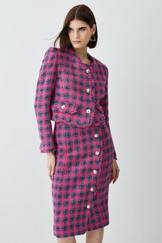 Italian Check Boucle Tailored Collarless Jacket Jacket Collection, Notes Style, Collarless Jacket, Navy Style, Navy Fashion, Tailored Jacket, Jacket Design, Karen Millen, Sleeve Detail