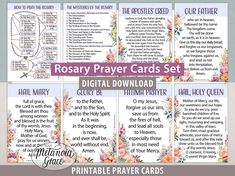 Printable prayer cards set perfect for learning and praying the beautiful Catholic prayer of the Holy Rosary. The prayer cards in the set include: 1. Explanation on how to pray the Rosary,  2. The Mysteries of the Rosary,  3. The Apostles' Creed,  4. Our Father,  5. Hail Mary,  6. Glory be,  7. Fatima Prayer,  8. Hail Holy Queen. Prayer card comes in two sizes:  4" x 6" - easy to read format, also suitable for a photo frame. 2.5" x 3.7" - handy pocket size, great for sharing with friends and for Hail Holy Queen Prayer, Rosary Guide, Rosary Mysteries, Fatima Prayer, Rosary Prayers Catholic, Mysteries Of The Rosary, Jesus In The Temple, Hail Holy Queen, Pray The Rosary