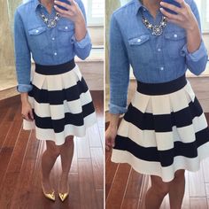 Casual but classy dressy weekend outfit: Chambray button up shirt, statement necklace, striped skirt, gold pumps - StylishPetite.com Stylish Petite, Mode Tips, Blazer Outfit, Black And White Stripes, White Skirt, Weekend Outfit, Stripe Skirt, Petite Fashion