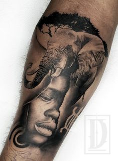 an elephant and woman tattoo on the arm